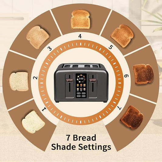 SEEDEEM Toaster 4 Slice, Full Touch control Toaster, LCD Display, 6 Bread Type, 7 Shade Settings, 1.4''Wide Slots,More Time Function, Removable Crumb Tray, 1800W, Dark Metallic