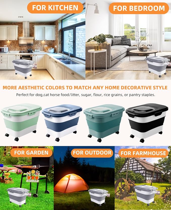 15-23 Lbs Dog Food Storage Container, Collapsible Dog Food Container with Airtight Lid, Wheels, Handle, Large Cat Food Storage Container with Scoop, Dog Bowl for Dog Cat