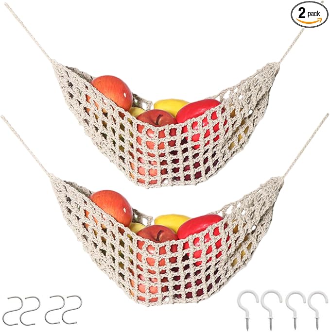 2-Pack Hanging Fruit Hammock with Hooks - Macrame Under Cabinet Veggie Banana Basket, Hand-Woven Boho Fruit Holder, Save Counter Space for Kitchen Home RV Boat (Khaki)