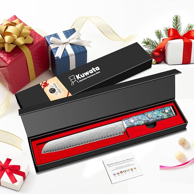 Kuwata Bread Knife for Homemade Bread, 8 Inch Multifunction Serrated Knife, Razor Sharp Slicer, Forged High Carbon Steel, Full Tang Ergonomic Handle Design for Sourdough Turkey Fruit