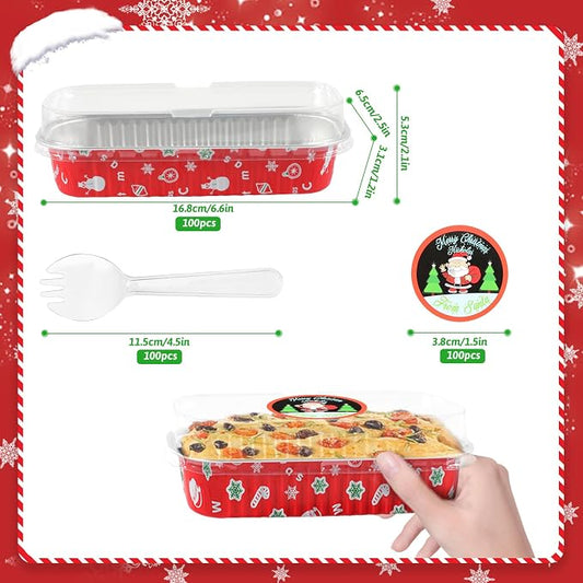 100Pack Christmas Mini Loaf Pans with Lids Mini Cake Pans with Lids and Spoons, 6.8Oz Aluminum Foil Pans Tins, Individual Dessert Cups Containers for Sales,Party,Picnics