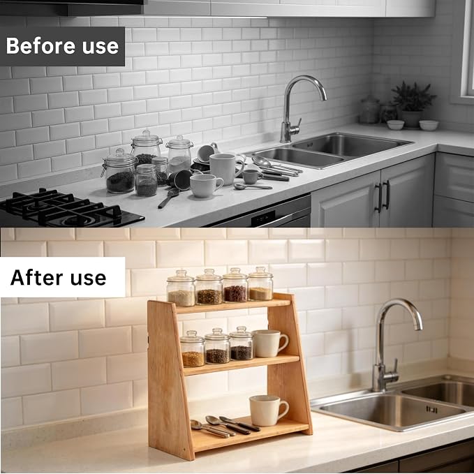 100% Solid Rubber Wood Spice Rack, 3 Tier Freestanding & Wall Mounted Kitchen Countertop Organizer, Trinket Shelf, Tiered Display Stand for Spices, Makeup, Collectibles & Home Decor