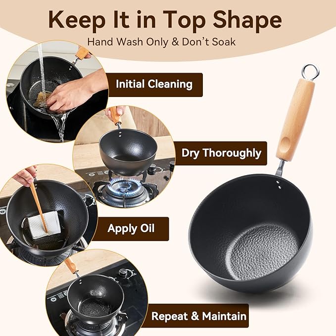 WANGYUANJI 1.5QT Iron Saucepan with Lid, Hammered Milk Pot for Boiling Ramen, Removable Wood Handle for Camping & Storage, Non-Coated Small Cookware for Single Serving, Induction Compatible