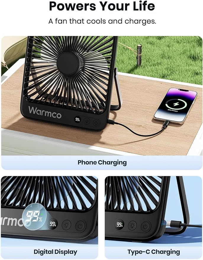Warmco 20000mAh Battery Powered Fan, Ultra-Slim 8-Inch Portable Camping Fan with LED Lantern, Up to 48H Runtime Rechargeable Desk Fan for Bedroom, Outdoor, Tent, Travel, Cruise Ship Essentials