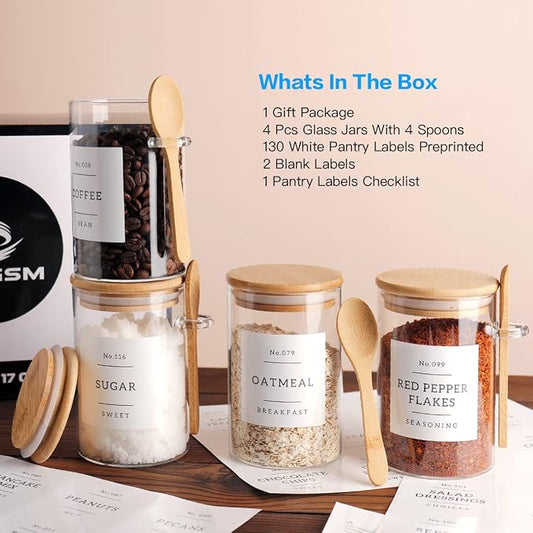 CZZGSM Glass Jar with Bamboo Lid and Spoon - 4 Pcs 17 oz Sugar Container with 132 Food Pantry Labels - Glass Containers with Wooden Lids Hold Coffee, Tea, Candy