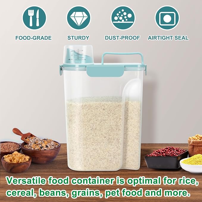 TBMax Airtight Rice Container 10 Lbs Cereal Dispenser, Small Pet Cat Dog Food Storage Container, Plastic Kitchen Pantry Food Storage Holder with Cup -Light Blue