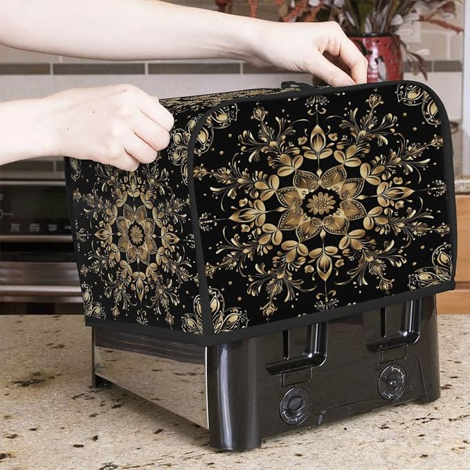Toaster Cover 2 Slice Wide Slot Black Gold FlowerBread Toaster Oven Dustproof Cover Small Appliance Kitchen Covers Dust and Fingerprint Protection for Women Gift 2 Slice