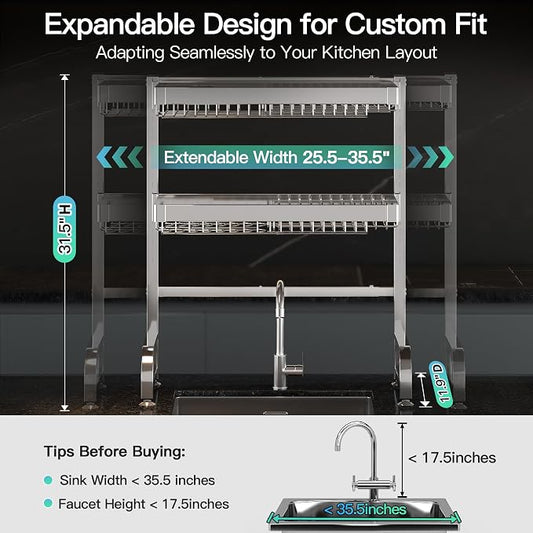 MAJALiS 3 Tier Extra Large Stainless Steel Expandable Over The Sink Dish Drainer Drying Rack, Rust Proof Metal, Space Saving, Modern Silver Big Capacity Extendable Plate Strainers Kitchen Counter