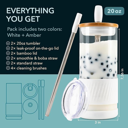 Pandaloo® Glass Cups With Lids and Straws -20 Fl Oz- Perfect Size Iced Coffee Cup - Smoothie Cup With Bamboo Lid and On the go Lid - Glass Tumbler (2 Count (Pack of 1), Amber Sand-Coton White)