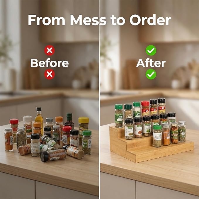 2 Pack Bamboo Spice Rack Organizer for Cabinet Wooden Spice Shelf for Kitchen Pantry Storage Organizer 3 Tier Countertop
