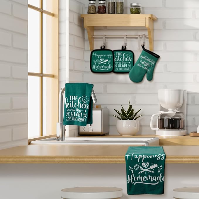 Sratte 6 Pcs Kitchen Decor Accessories Set Farmhouse Towels Pot Holders Oven Mitts Set 2 Dish Towels 2 Potholders 2 Cooking Mittens Oven Glove for Christmas Baking Cooking(Dark Green,Kitchen)