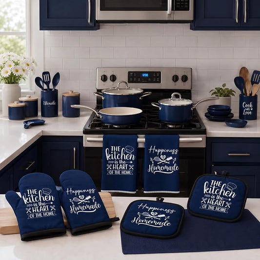 Sratte 6 Pcs Kitchen Decor Accessories Set Farmhouse Towels Pot Holders Oven Mitts Set 2 Dish Towels 2 Potholders 2 Cooking Mittens Oven Glove for Christmas Baking Cooking Supply(Blue,Kitchen)