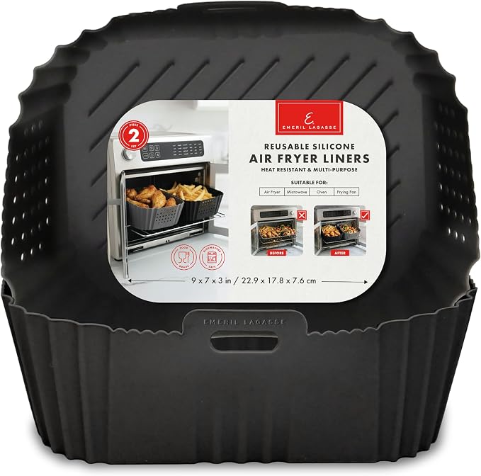 Reusable Silicone Air Fryer Liners for Emeril Lagasse Air Fryer Oven – Non-Stick Reusable Air Fryer Basket Liners – Dishwasher Safe – 9 x 7 x 3 Inch – 2 Pack – Black