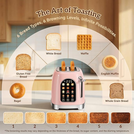 RONGBEST Retro Toaster 2 Slice Stainless Steel with Wide Slot Touchscreen for Breakfast Bagel & Bread, Reheat & Defrost, 6 Browning Levels, Removable Crumb Tray, Blush Pink
