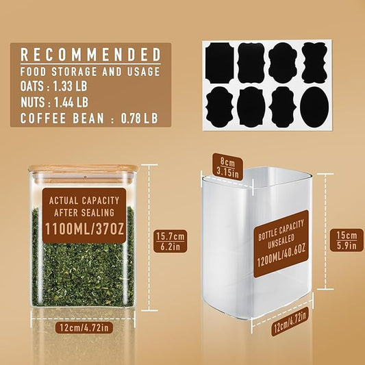 D2scrma 37oz Rectangle Airtight Glass Storage Containers with Bamboo Lids (Set of 4), Square Food Storage Jar, Pantry Organizers for Cereal, Nuts, Snacks and Coffee beans (with Black Lable)