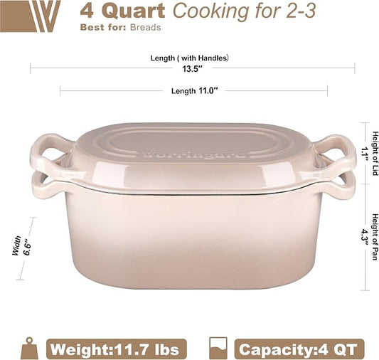 VORRINGARD Oval Dutch Oven Pot with Lid, Enamel Coating Cast Iron Bread Pans for Homemade Sourdough Bread Baking, Cooking, 4 Quart, Latte