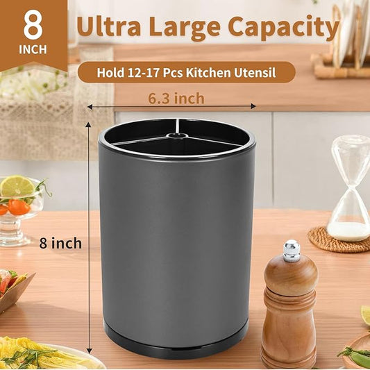 Nigelia Extra Large Kitchen Utensil Holder - 360° Rotating Stainless Steel Cooking Utensil Holder for Countertop, 3 Compartment Flatware Organizer & Utensil Caddy with Removable Base(Grey)