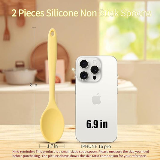 2 Pcs Mini Silicone Spoons, 8 Inch Mixing Spoons for Drinking Soup Dipping Sauce Baking Stirring Mixing Tools. This is a Mini Size,Notice,Dear Buyers Please Mind the Size when Purchasing(Yellow Green)