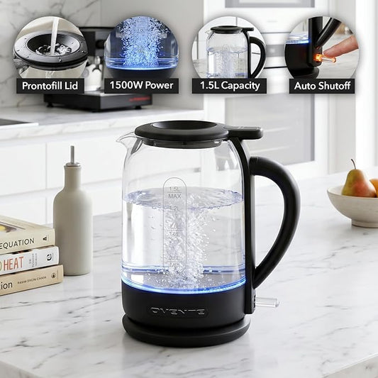 OVENTE Electric Kettle with 1.5L Borosilicate Glass, 1500W Fast Boiling Water Heater for Coffee or Tea, Easy to Fill Lid, Auto Shut-Off, Boil-Dry Protection & Stainless Steel Filter, Black KG516B