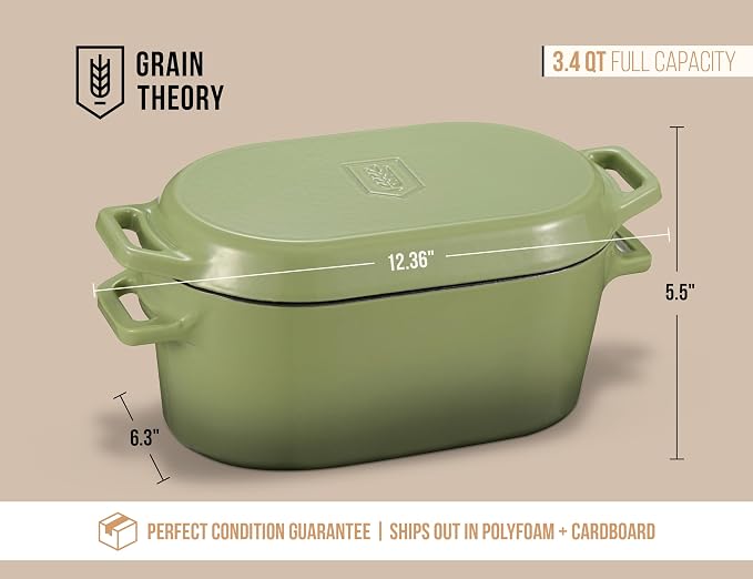 KooK Oval Loaf Shaped Cast Iron Dutch Oven for Bread Baking, 3.4 Qt Sourdough Dutch Oven with Lid, Enameled, Lid Lever, Dual Handles, Dishwasher Safe, 500°F, Sage Ombre