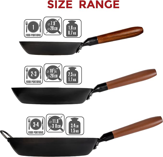 YOSUKATA 10 1/4" Carbon Steel Frying Pan – Non-Toxic Pre-Seasoned Skillet with Removable Wooden Handle – Coating-Free Wok-Style Pan for Gas, Induction, Electric, Oven & Grill BBQ