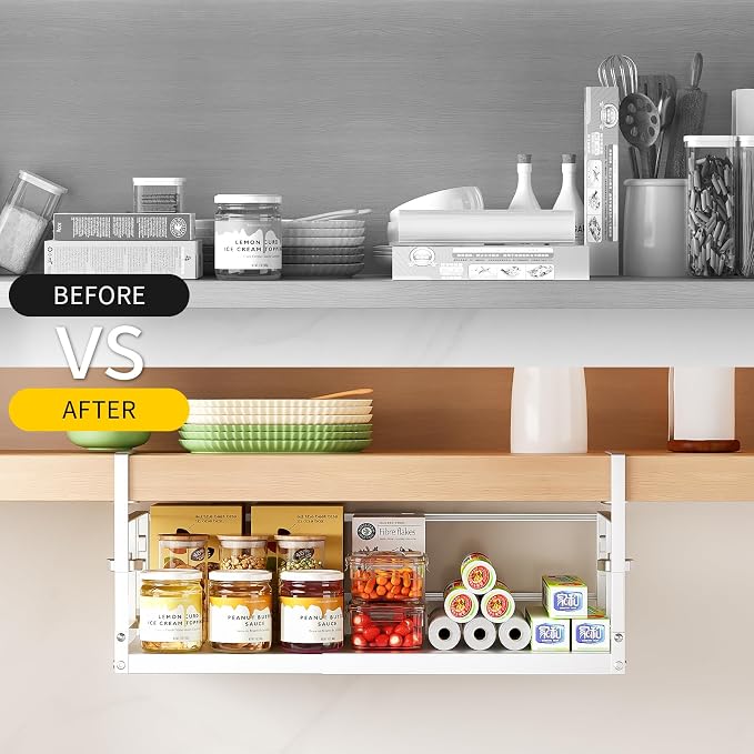prueBox Under Shelf Storage Basket Organizer Adjustable Hanging Holder with Knob Lock, Heavy Duty Metal Panel for Pantry, Kitchen, Office, Closet, 11.8"-19.3" Wide, White, 1 Pack