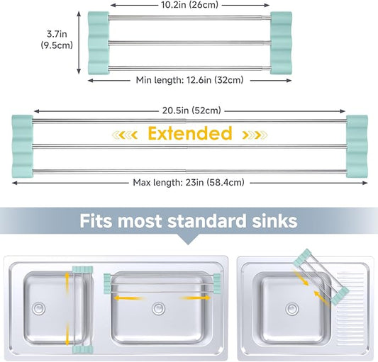 Extendable Over Sink Drying Rack, 3-Bar Telescopic Sink Dish Rack, SUS304 Stainless Steel with Light Cyan Silicone Ends, 10.24-20.47 in Adjustable, 16.5 lb Heat Resistant 428°F, Dishwasher Safe