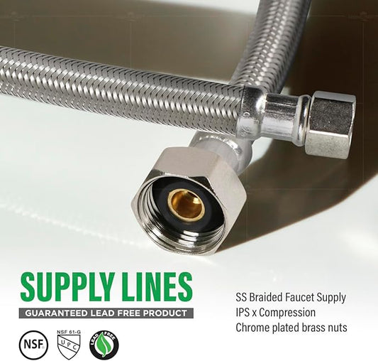 Highcraft Faucet Hose Connector 24" Length, 1/2" IPS X 3/8" Comp FIP Flexible Braided Stainless Steel Supply Line, Bathroom Kitchen Sink Extension (4 Pack)