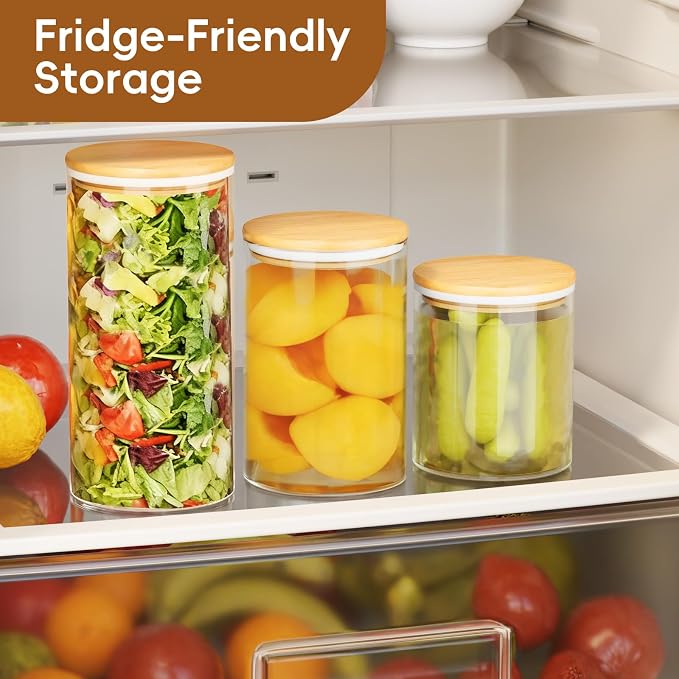 Airtight Glass Food Storage Containers with Lids,5-Pack Pantry Storage Canisters Set,19/26/33/45/68 Ounces Kitchen Jars for Flour,Sugar,Salt,Coffee Beans,Cereal,Spice,Creamer & Overnight Oats