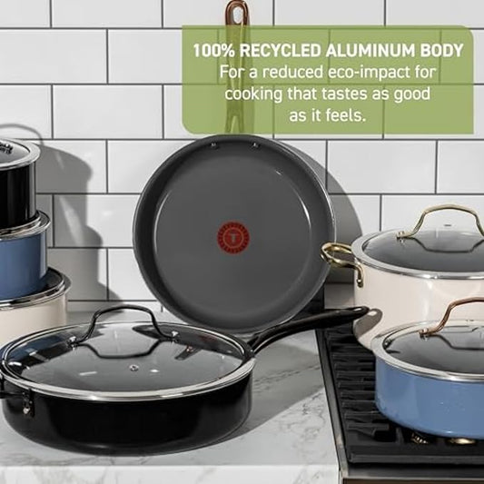 T-Fal Preserve Ceramic Non stick Frying Pan Skillet 12-inch, Oven Broiler Safe up to 350°F, Cookware, InoCeram Glide Technology, Frying Pan, Skillet Pots & Pans, Black
