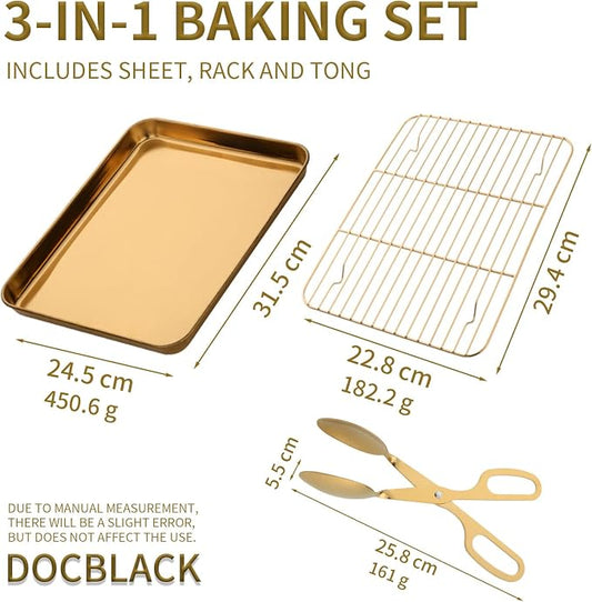 DOCBLACK Baking Sheet with Wire Rack and BBQ Tong Set, Stainless Steel Cookie Sheet Baking Tray & Cooling Rack & 26cm Food Tong for Cooking and Oven, Dishwasher Safe-Gold