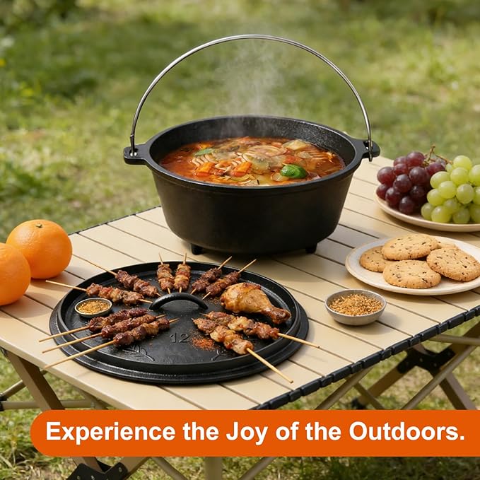 Pre-Seasoned Cast Iron 8QT Camp Dutch Oven with Lid, Large Camping Dutch Oven Pot, incl. Lid Lifter - Dual Handles - for Outdoor Campfire, Grill, Oven & Stovetop Cooking-Black