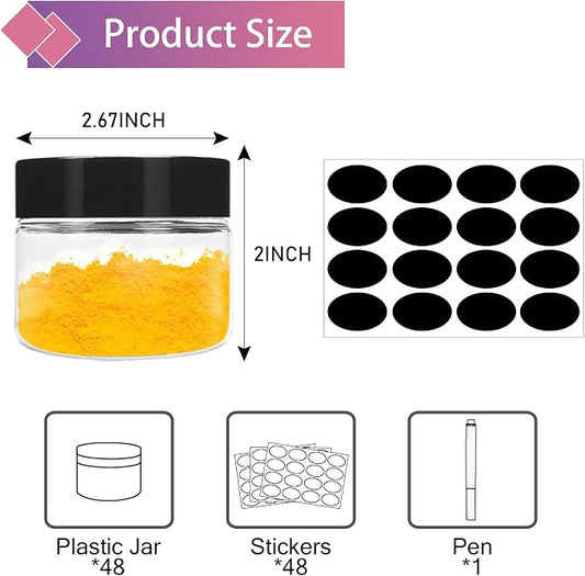 SLifeJars 4OZ Plastic Jars 48Pcs Wide Mouth Round Clear Container Jars with Black Lids Stackable Empty Slime Jar Refillable Clear Airtight Travel Storage Jar for Kitchen, Beauty Products and More