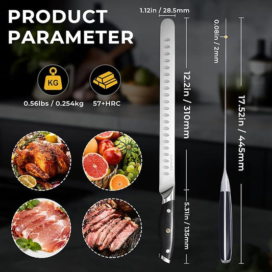 DiiHAUZZ Brisket Knife, 12 Inch Carving Knife for Meat, Razor Sharp High Carbon Steel, Full Tang Ergonomic Pakkawood Handle Slicing Knives for Roast Beef, BBQ, Turkey, Grilling Gift for Men