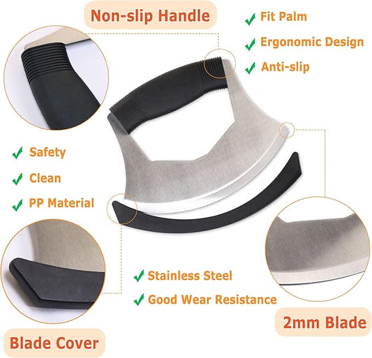 Salad Chopper Mezzaluna Knife with Protective Cover and Anti-Slip Handle - Stainless Steel Vegetable Cutter, Onion Chopper, Pizza Cutter