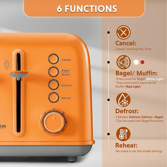 BUYDEEM DT640 4-Slice Toaster, 7 Shade Settings, Extra Wide 1.5’’ Slots for Bagel & English Muffin, 6 Toasting Functions, Retro Stainless Steel Toaster with High Lift Lever, 1800W, Orange