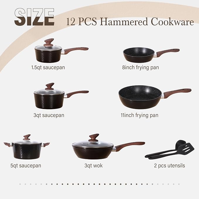Kitchen Academy Induction Pots and Pans Set Non Stick - 12 Pcs Nonstick Kitchen Cookware Set, Black Hammered Cooking Pans Set