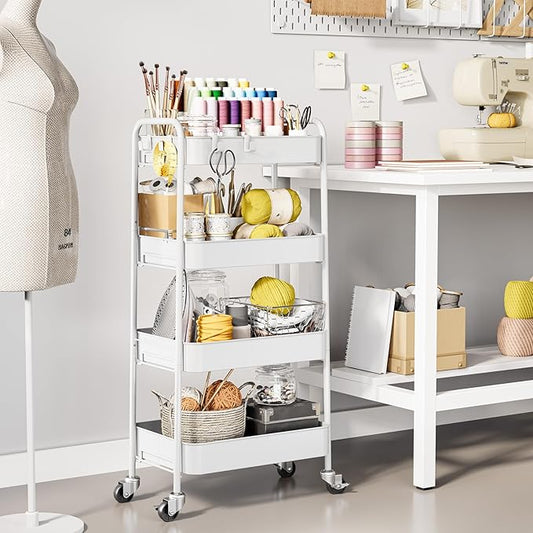 TOOLF 4-Tier Rolling Cart - Metal Storage Organizer with Lockable Wheels, 44 lbs Per Shelf Capacity, Tool-Free Assembly, for Kitchen Bathroom Office Laundry Room Nursery, White