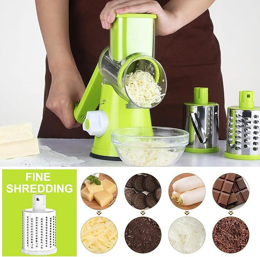 Cambom Rotary Cheese Grater Hand Crank Cheese Shredder for Fresh Cheese, Vegetable, Nuts,Non-slip Suction Base,Three Blades,Green