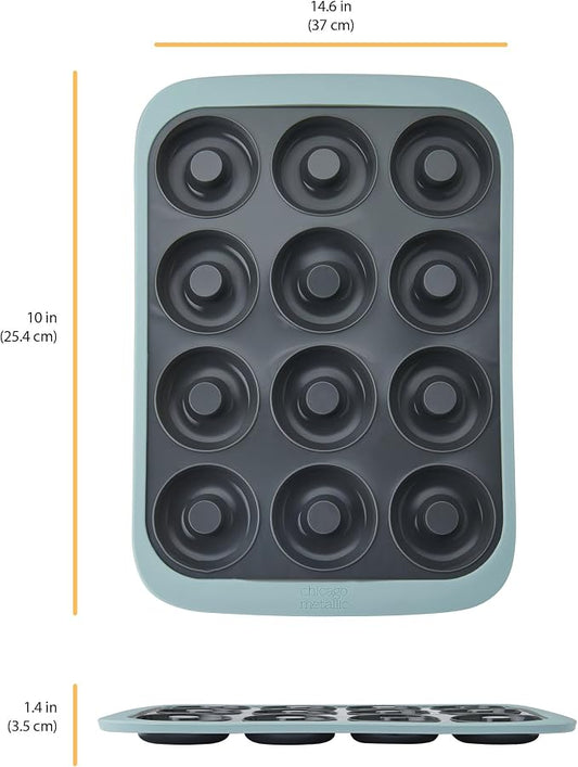 Chicago Metallic Silicone Donut Pan, 12 Cup Blue Nonstick Baking Pan for Donuts, Bagels and More, Wire-Reinforced Rim, Oven Safe to 428F, 14.6 x 10 x 1.4 Inches