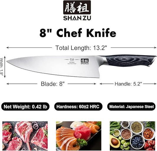 SHAN ZU 8 inch Japanese Chef Knife, Chefs Knife Kitchen Knives, Japanese Super Steel Sharp Chef's Knives with K133 Ergonomic Handle, Black Tortoise Genbu Series