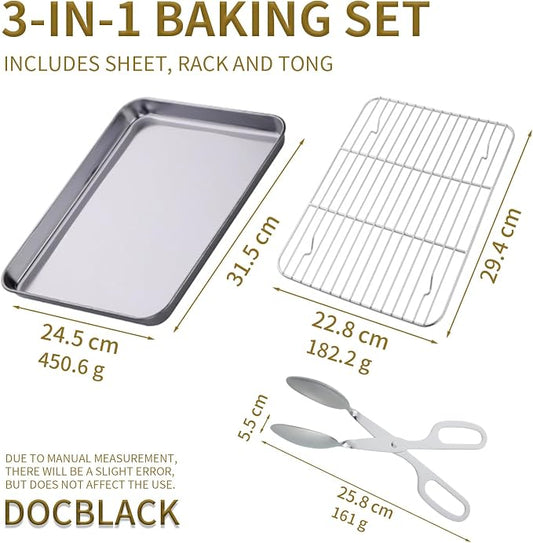 DOCBLACK Baking Sheet with Wire Rack and BBQ Tong Set, Stainless Steel Cookie Sheet Baking Tray & Cooling Rack & 26cm Food Tong for Cooking and Oven, Dishwasher Safe-Silver