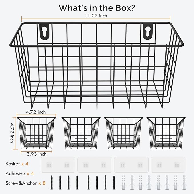 MaraFansie Hanging Wire Baskets Kitchen Storage Basket Adhesive and Screws Basket Over the Cabinet Door Organizer with Adhesive Strips and Screws Accessories, 2 Installations, 4 Pack, Black