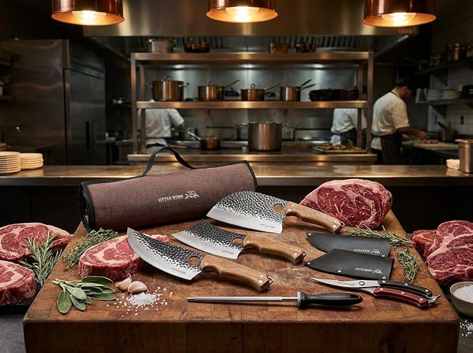 9PCS Butcher Knife Set, 7" butcher meat cleaver, a 7" Serbian chef knife, a 6.5" Viking knife, 3 Knife Sheath, Poultry Shears, Honing steel and Knife Roll Bag (Unique Bull Pattern)