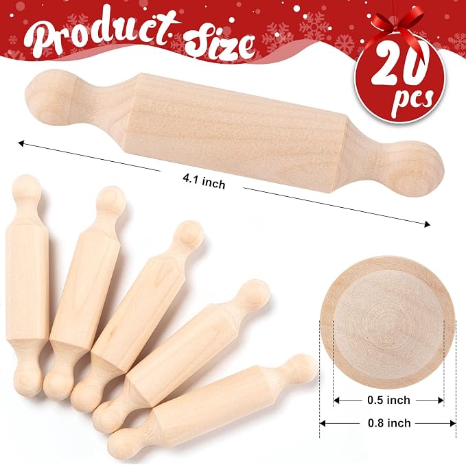 20PCS Mini Rolling Pins for Crafts, Small Wooden Dough Roller for Children in the Kitchen Baking and Imaginative Play, Wooden Tiered Tray Decorative for Halloween and Christmas Presents (4.1 Inches)