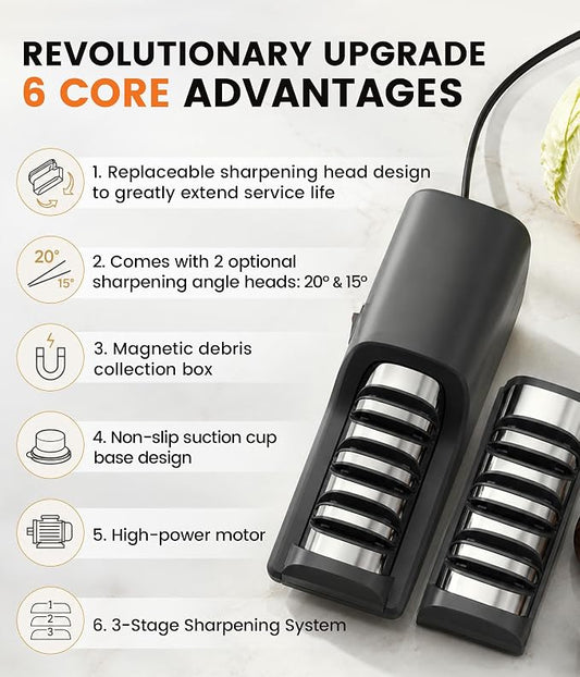 Newise Electric Knife Sharpener for Kitchen Knives - 3 - stage 15°&20° Dual Sharpening Heads, 100% Diamond Abrasive - Quick & Precise Sharpening, Ideal Gift