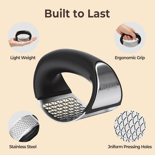 Garlic Press Rocker, Stainless Steel Garlic Mincer with Triangular Holes Effortless Squeeze for Weak Hands, Easy to Clean, Medium Garlic Crusher for Home Kitchen