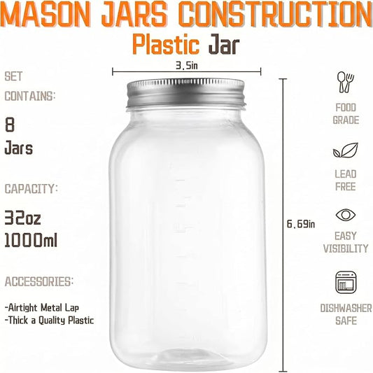 novelinks 32 oz Mason Jars with Plastic Lids, 8 Pack Large Plastic Salad Jars with Lids 32oz, Reusable Spice Containers & Kitchen Jars for Pantry Organization (8 Pack,Silver)