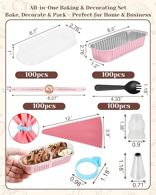 YQER 100 Pack Pink Mini Cake Pans with Lids and Spoons, 6.8oz Disposable Aluminum Foil Mini Loaf Pans Cake Tins with Stickers and Reusable Decorating Set for Small Cakes, Baby Shower, Gift and Parties
