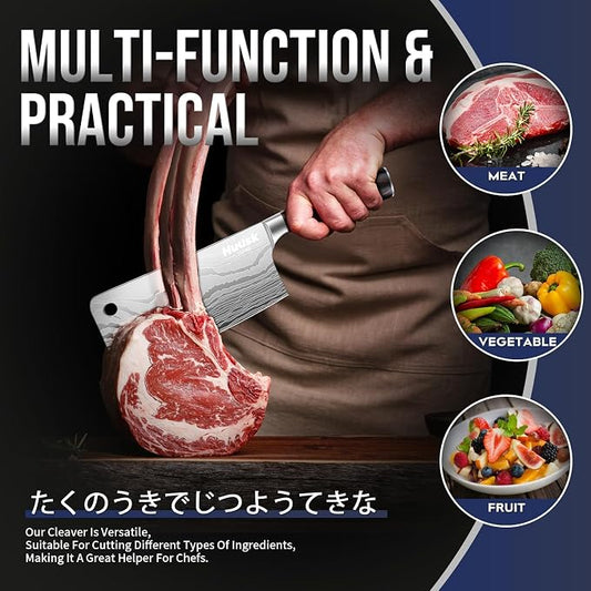 Huusk Meat Cleaver Knife 7 inch, Japanese Butcher Knife for Meat and Vegetable Cutting, Chopping Knives with Ergonomic Handle for Kitchen and Camping, Gift for Men and Women